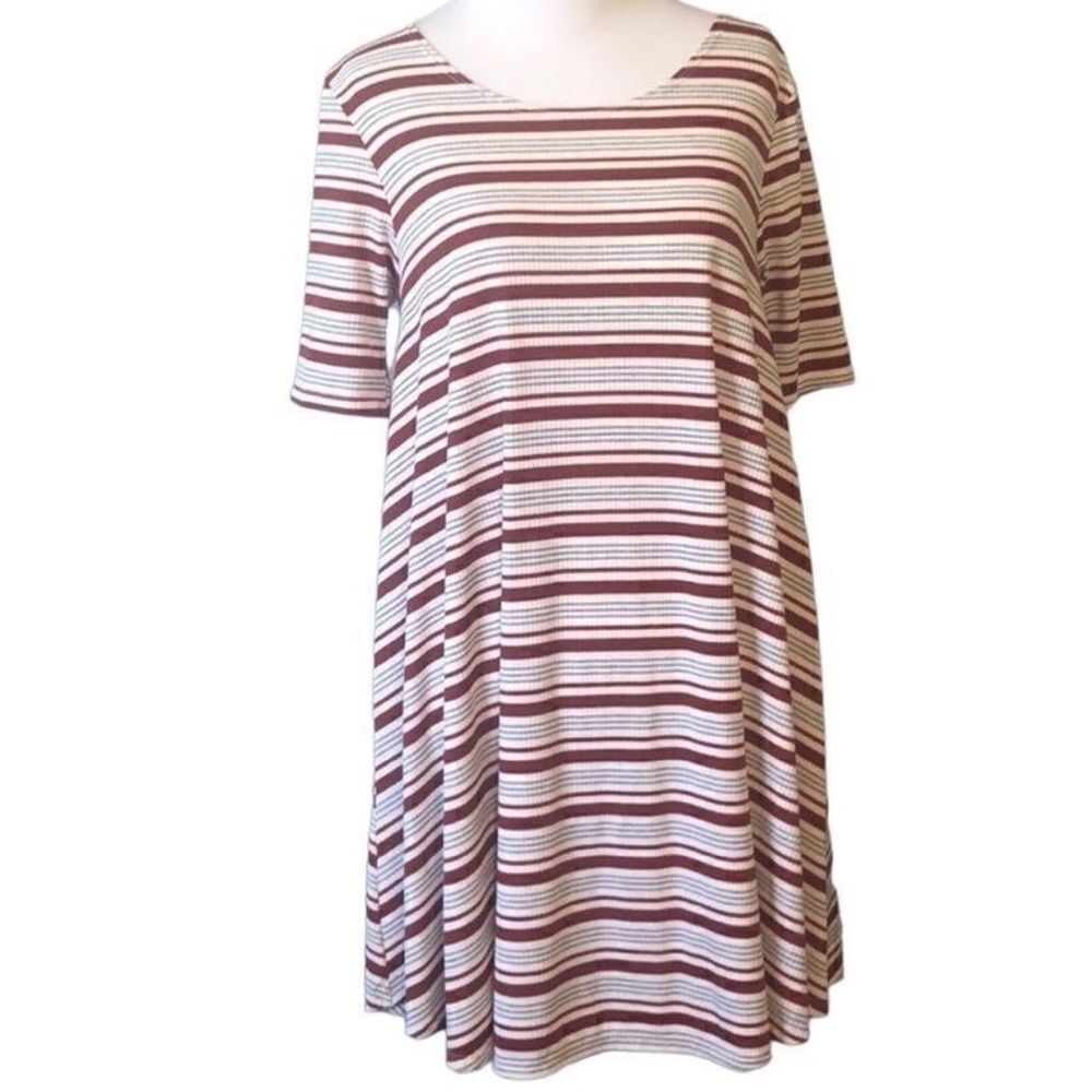 See You Monday LA Striped Rib Knit Swing Dress Large Burgundy Cream